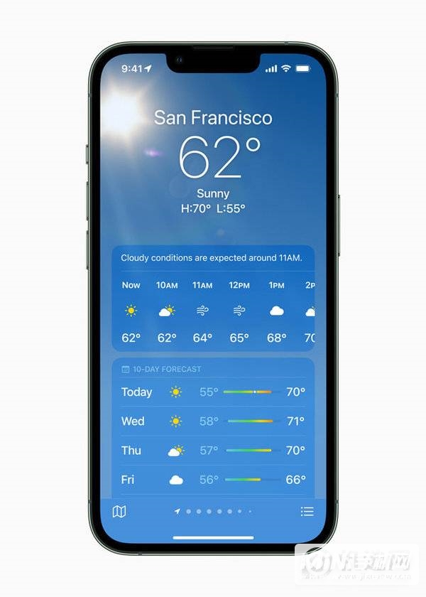 在 iPhone 13 Pro 上展示天气 App 的天气预报功能。